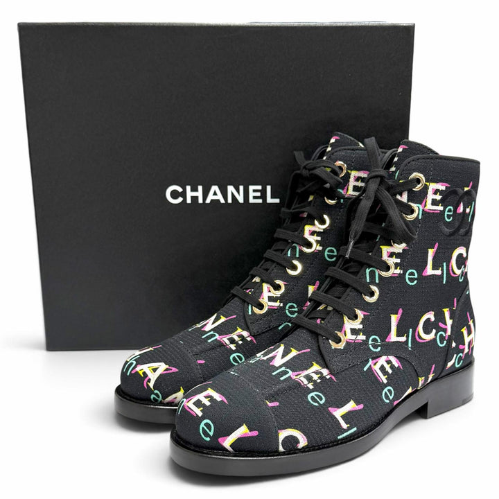 未使用品△CHANEL シャネル 19P G34577 ココマーク ロゴ総柄 キャンバス レースアップ アンクルブーツ ショートブーツ ブラック 37.5 箱付
