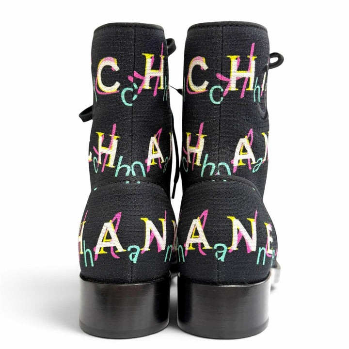 未使用品△CHANEL シャネル 19P G34577 ココマーク ロゴ総柄 キャンバス レースアップ アンクルブーツ ショートブーツ ブラック 37.5 箱付