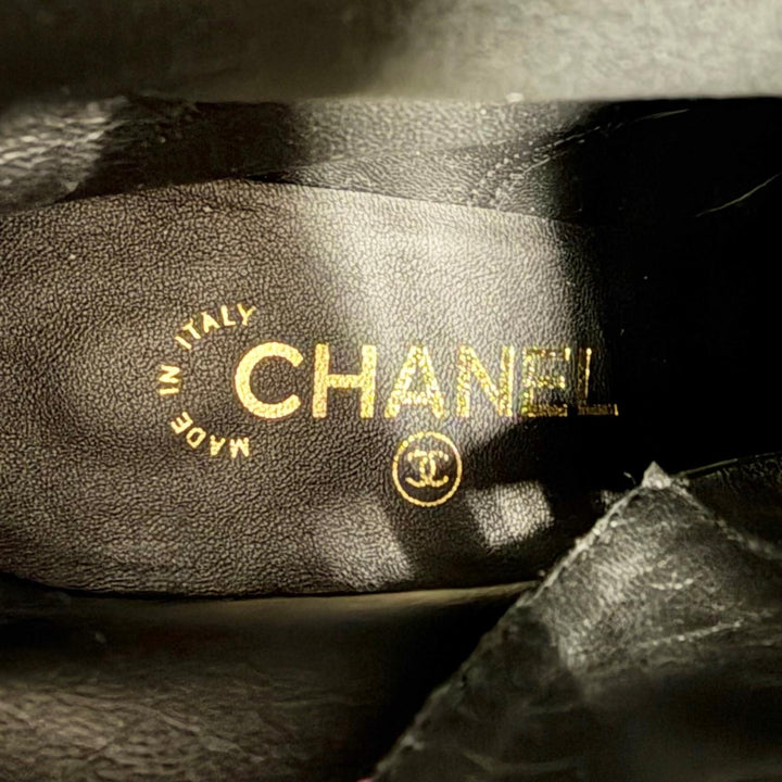 未使用品△CHANEL シャネル 19P G34577 ココマーク ロゴ総柄 キャンバス レースアップ アンクルブーツ ショートブーツ ブラック 37.5 箱付