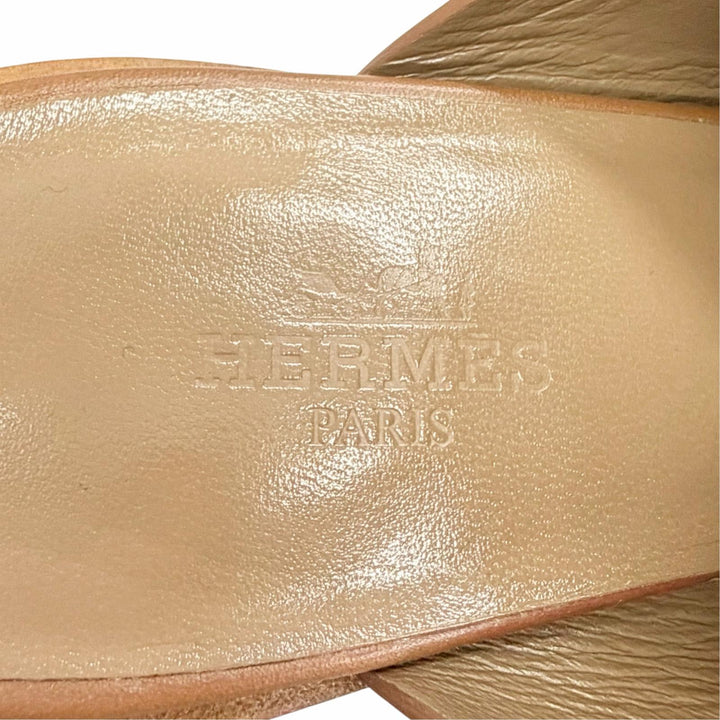 美品△HERMES エルメス 181050Z Hロゴカット レザー ヒール サンダル ミュール ブラウン 35.5 イタリア製 レディース 保存袋付き