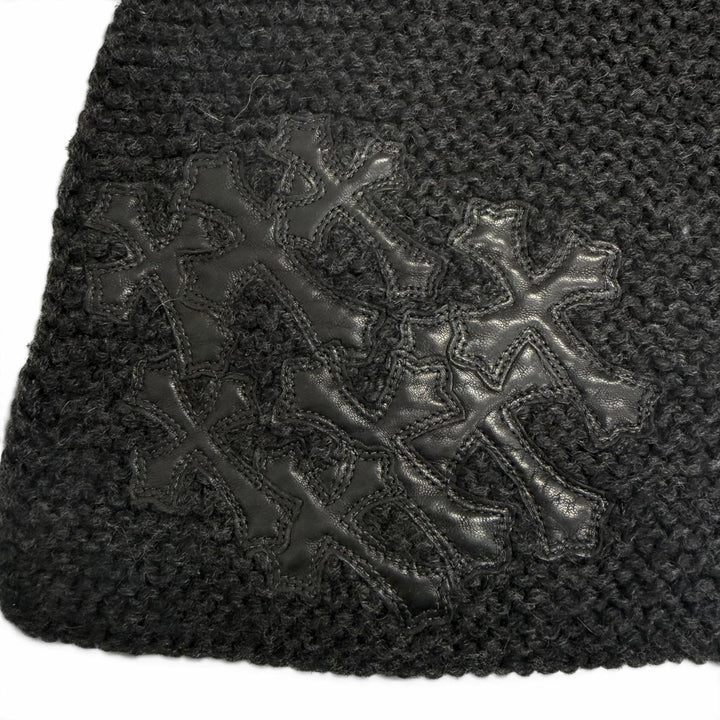 美品□CHROME HEARTS クロムハーツ カシミヤ100％ ラムレザー セメタリークロスパッチ ニットマフラー チャコールグレー USA製 メンズ