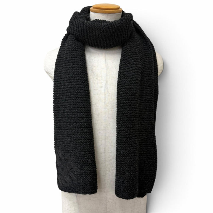 美品□CHROME HEARTS クロムハーツ カシミヤ100％ ラムレザー セメタリークロスパッチ ニットマフラー チャコールグレー USA製 メンズ
