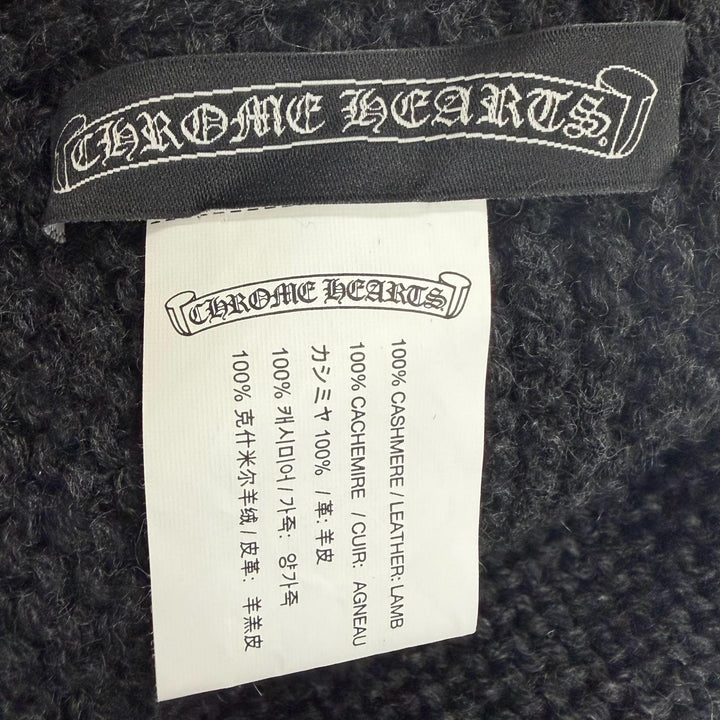 美品□CHROME HEARTS クロムハーツ カシミヤ100％ ラムレザー セメタリークロスパッチ ニットマフラー チャコールグレー USA製 メンズ