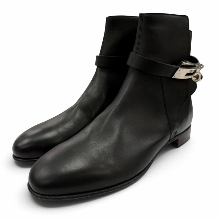 未使用品☆HERMES エルメス ネオ シルバー金具 ケリーバックル レザー ショートブーツ ブラック 37 イタリア製 レディース