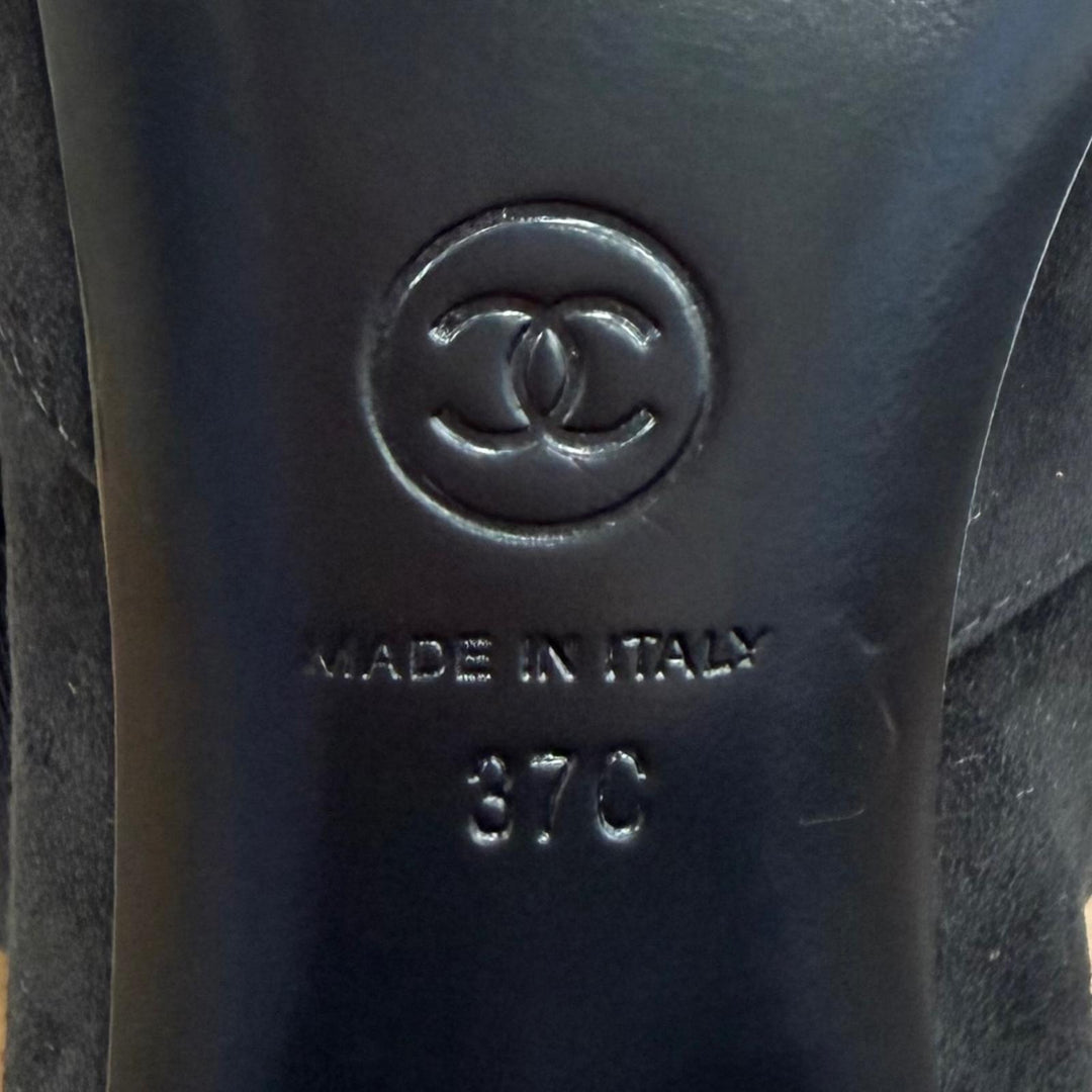極美品★CHANEL シャネル G45310 ココマーク カメリア リボン チャンキーヒール スウェードキッドスキン ショートブーツ ブラック 37
