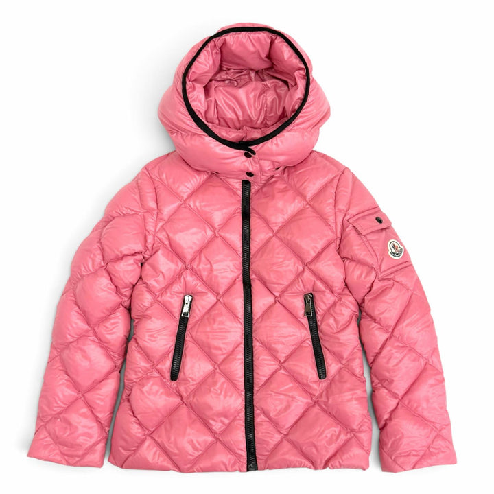 美品△MONCLER モンクレール KAMILE ロゴワッペン フード付き ダイヤモンドキルティング ダウンジャケット ピンク 10anni 140cm 正規品