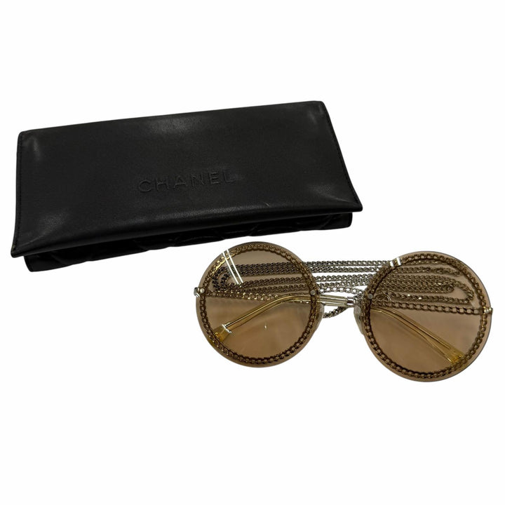 美品☆CHANEL シャネル 4245 ココマーク ラウンド チェーン グラスコード付 サングラス シルバー ブラウン 58□18 135 デモレンズ 伊製
