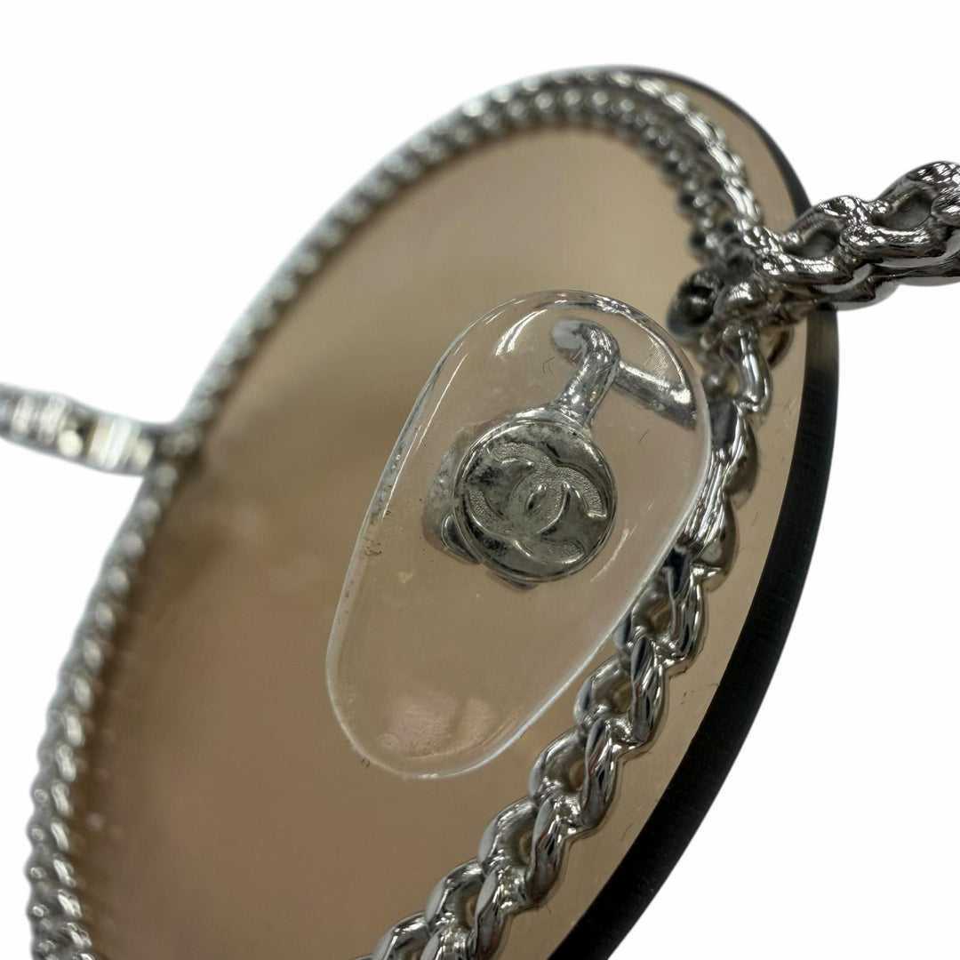 美品☆CHANEL シャネル 4245 ココマーク ラウンド チェーン グラスコード付 サングラス シルバー ブラウン 58□18 135 デモレンズ 伊製