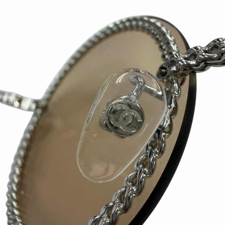 美品☆CHANEL シャネル 4245 ココマーク ラウンド チェーン グラスコード付 サングラス シルバー ブラウン 58□18 135 デモレンズ 伊製