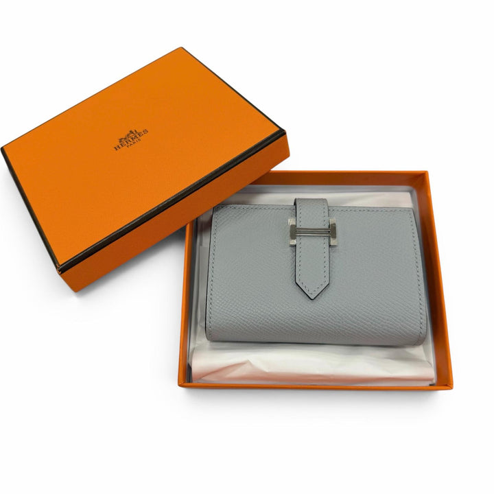 未使用品☆HERMES エルメス ベアン ミニ ヴォーエプソン ブルーグラシエ シルバー金具 コンパクトウォレット 財布 K刻印 フランス製 箱付