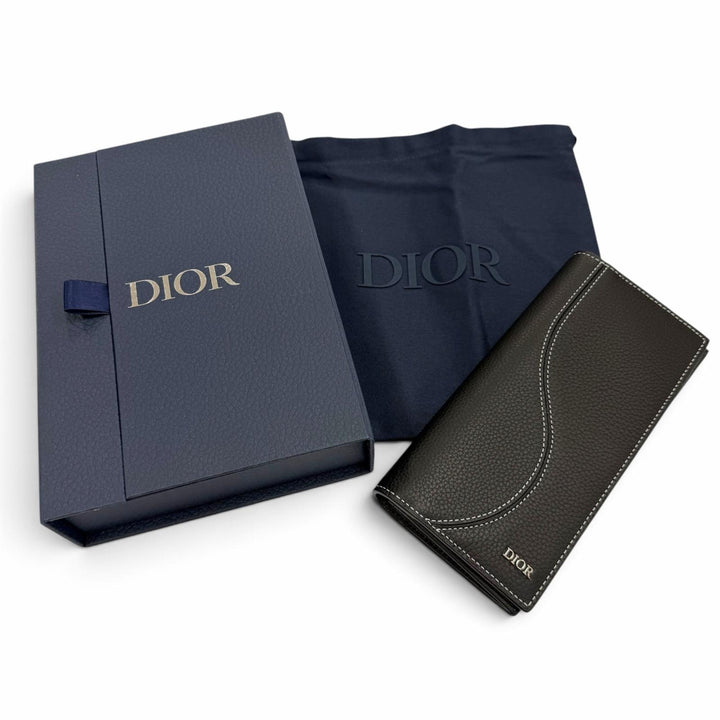 極美品▼DIOR ディオール オム 2ADBC330YKK Saddle サドル レザー ロゴ金具 ロングウォレット 二つ折り 長財布 ブラック メンズ 箱付き