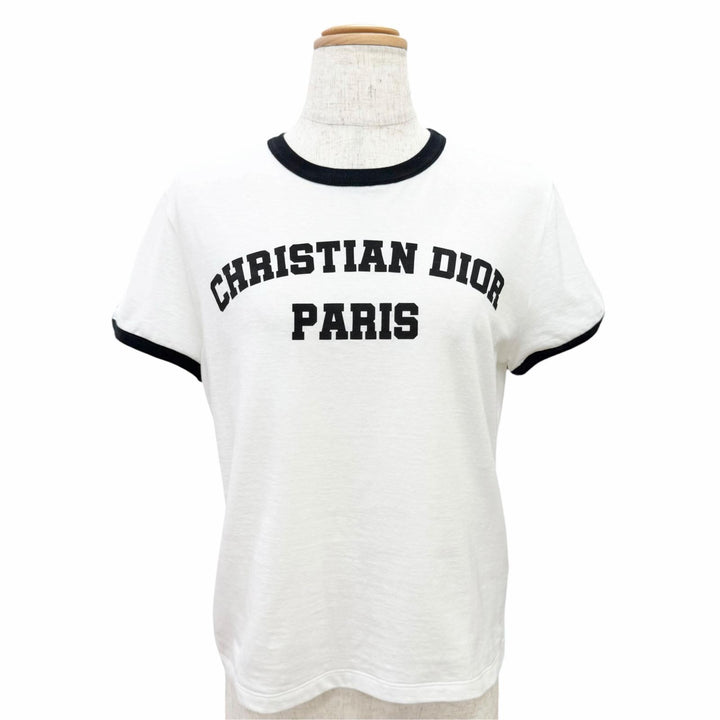 極美品△Christian Dior クリスチャンディオール 513T07B4222 コットン リネン ロゴ Bee刺繍 クルーネック 半袖Ｔシャツ 白 黒 XS 正規品