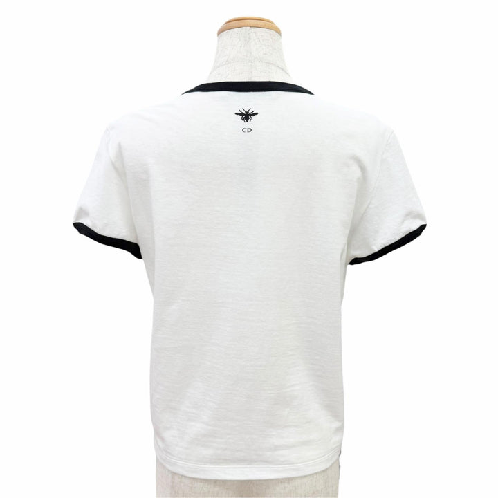 極美品△Christian Dior クリスチャンディオール 513T07B4222 コットン リネン ロゴ Bee刺繍 クルーネック 半袖Ｔシャツ 白 黒 XS 正規品