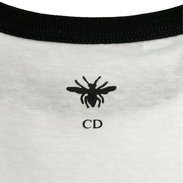 極美品△Christian Dior クリスチャンディオール 513T07B4222 コットン リネン ロゴ Bee刺繍 クルーネック 半袖Ｔシャツ 白 黒 XS 正規品
