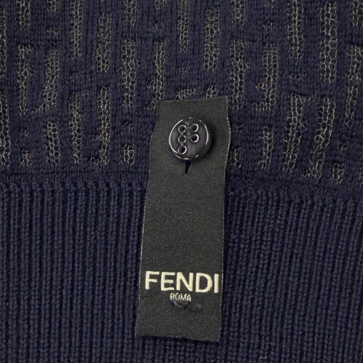 美品▼FENDI フェンディ FZX091 ウール83％ 透かしズッカ編み クルーネック ニット セーター ネイビー 44 イタリア製 正規品 メンズ
