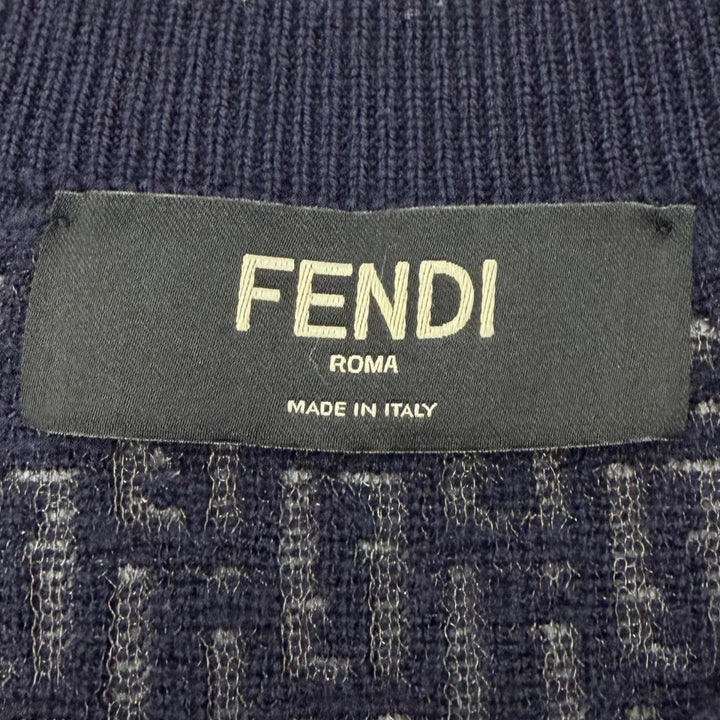 美品▼FENDI フェンディ FZX091 ウール83％ 透かしズッカ編み クルーネック ニット セーター ネイビー 44 イタリア製 正規品 メンズ