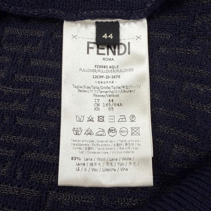 美品▼FENDI フェンディ FZX091 ウール83％ 透かしズッカ編み クルーネック ニット セーター ネイビー 44 イタリア製 正規品 メンズ