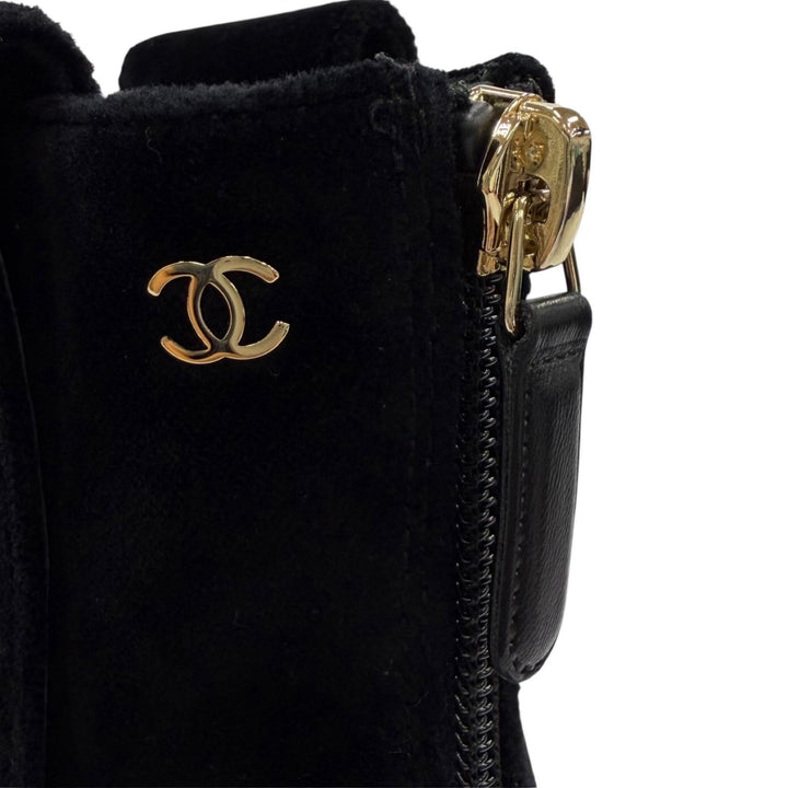 美品★CHANEL シャネル G35184 ココマーク バックジップ チャンキーヒール ベロア ショートブーツ ブラック ゴールド金具 35 保存袋付