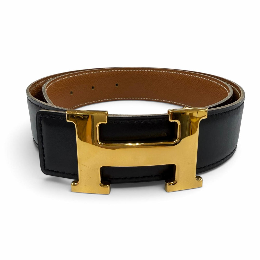美品☆HERMES エルメス ヴィンテージ ゴールド金具 マルジェラ期 Hロゴ金具 リバーシブル レザー ベルト ブラック ブラウン 70 □B刻印