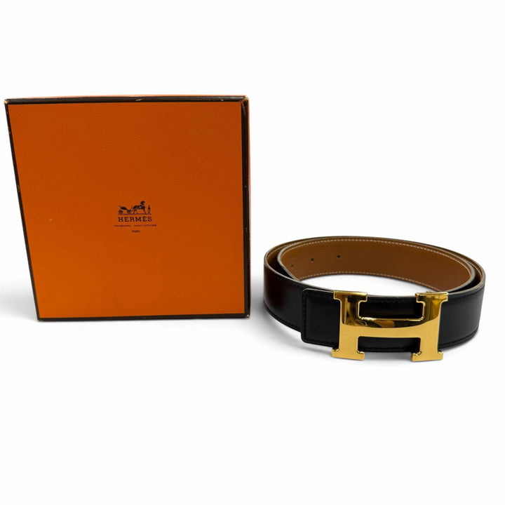 美品☆HERMES エルメス ヴィンテージ ゴールド金具 マルジェラ期 Hロゴ金具 リバーシブル レザー ベルト ブラック ブラウン 70 □B刻印