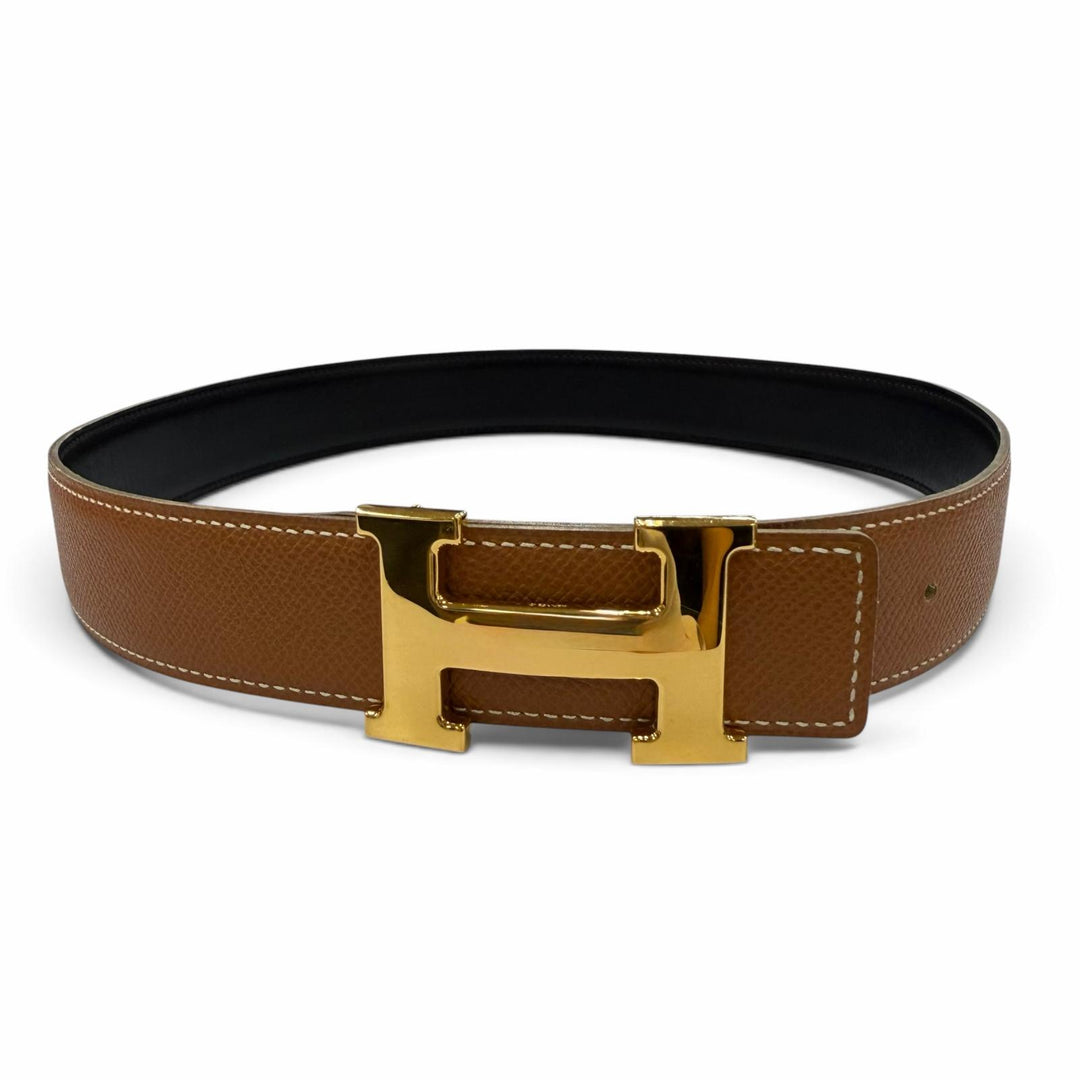 美品☆HERMES エルメス ヴィンテージ ゴールド金具 マルジェラ期 Hロゴ金具 リバーシブル レザー ベルト ブラック ブラウン 70 □B刻印