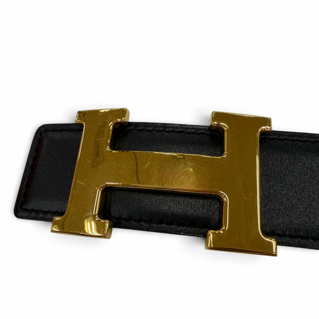 美品☆HERMES エルメス ヴィンテージ ゴールド金具 マルジェラ期 Hロゴ金具 リバーシブル レザー ベルト ブラック ブラウン 70 □B刻印