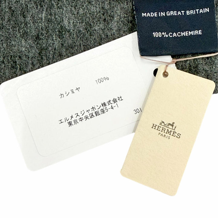 未使用品△HERMES エルメス レクトヴェルソ カシミヤ100％ ロゴ刺繍 フリンジ バイカラー ストール マフラー チャコールグレー 箱付き