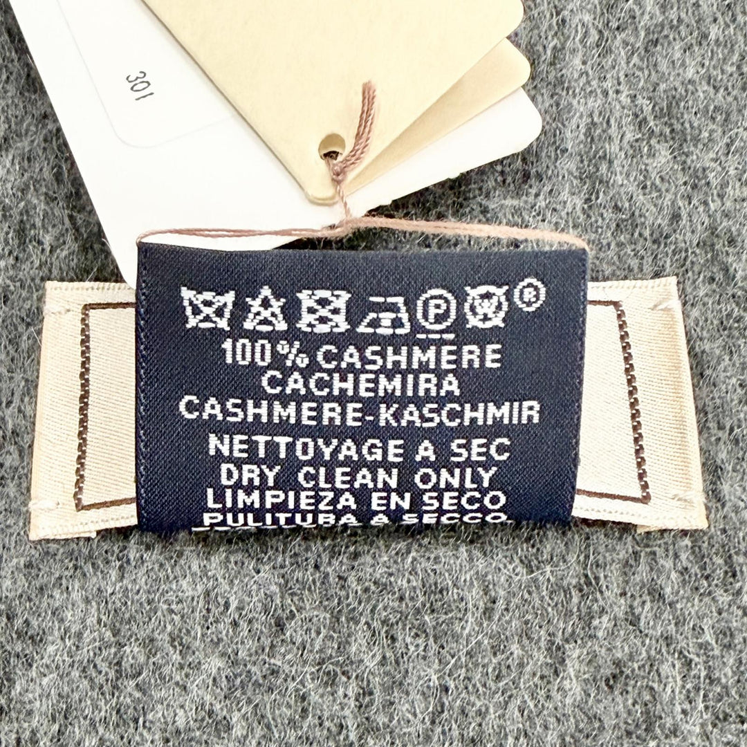 未使用品△HERMES エルメス レクトヴェルソ カシミヤ100％ ロゴ刺繍 フリンジ バイカラー ストール マフラー チャコールグレー 箱付き