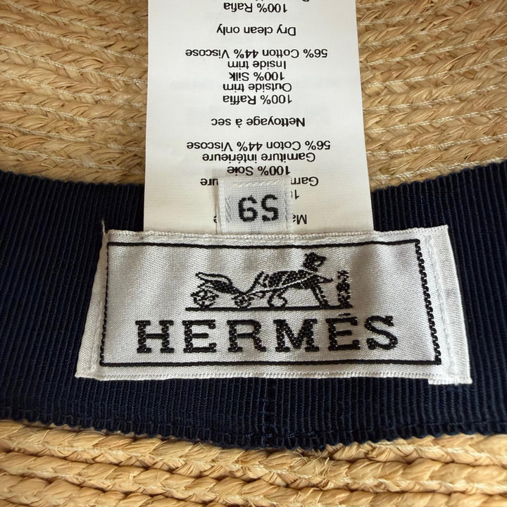 極美品☆HERMES エルメス シルク使い ラフィア ストローハット 麦わら帽子 ハット ナチュラル 59 フランス製 正規品 レディース