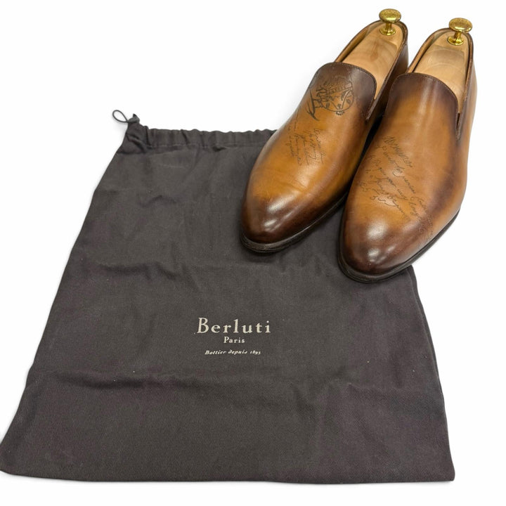 美品□BERLUTI ベルルッティ カーシヴ ガレ レザー カリグラフィ スクリット フラットシューズ ローファー ブラウン 8 イタリア製 メンズ