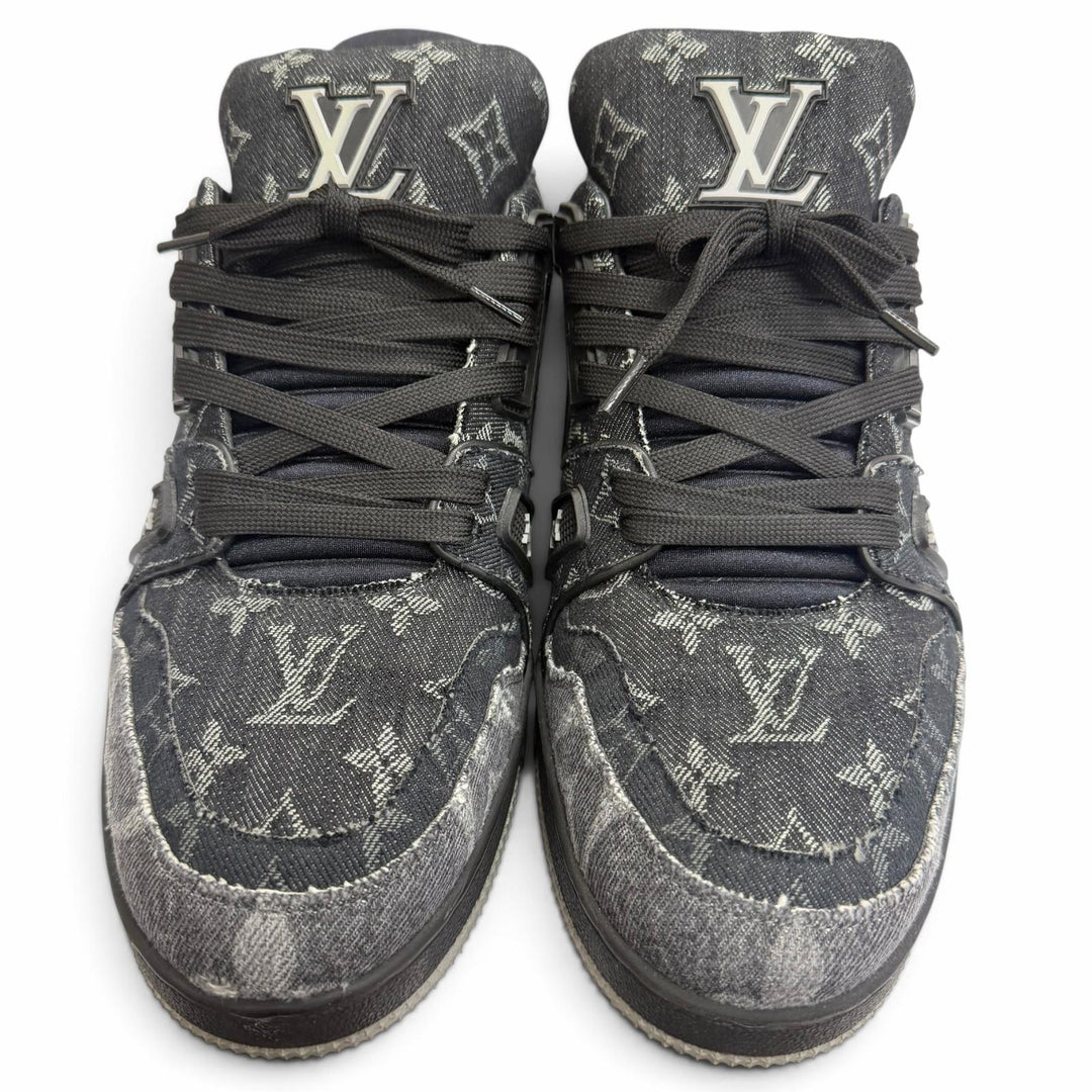 美品□LOUIS VUITTON ルイヴィトン 2023年製 LV トレイナーライン モノグラムデニム ローカットスニーカー 黒 7.5 イタリア製 メンズ
