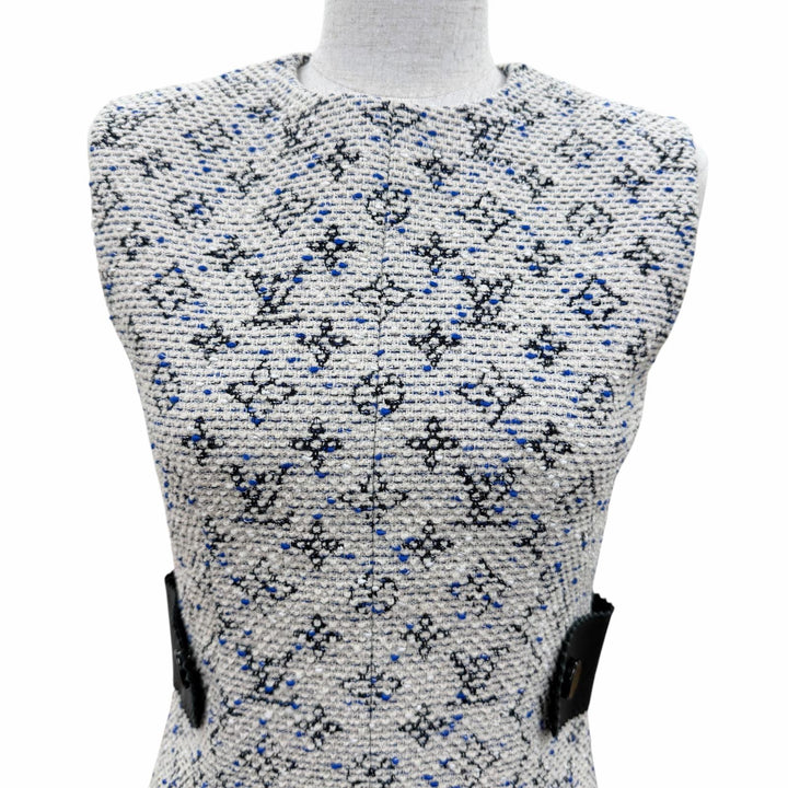 極美品☆LOUIS VUITTON ルイヴィトン レザー使い モノグラム ツイード ノースリーブ ワンピース マルチカラー 34 イタリア製 正規品