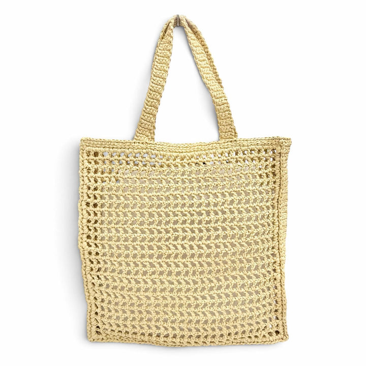 極美品△PRADA プラダ 1BG393 トライアングルロゴ ラフィア クロシェ トートバッグ 肩掛け可 ナチュラル イタリア製 レディース オススメ