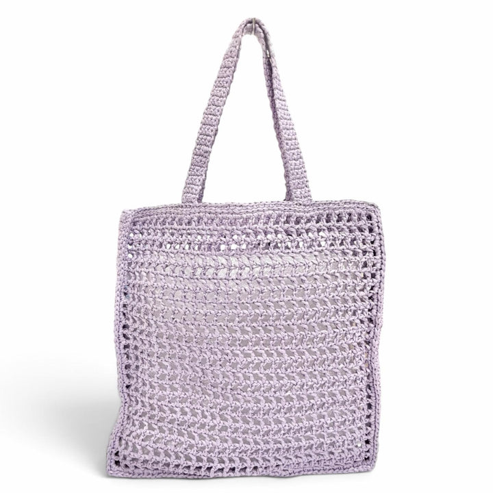 極美品△PRADA プラダ 1BG393トライアングルロゴ ラフィア クロシェ トートバッグ 肩掛け可 パープル イタリア製 レディース 保存袋付き