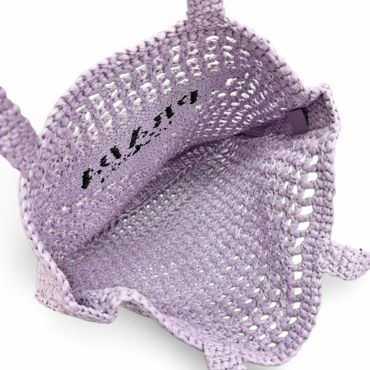 極美品△PRADA プラダ 1BG393トライアングルロゴ ラフィア クロシェ トートバッグ 肩掛け可 パープル イタリア製 レディース 保存袋付き