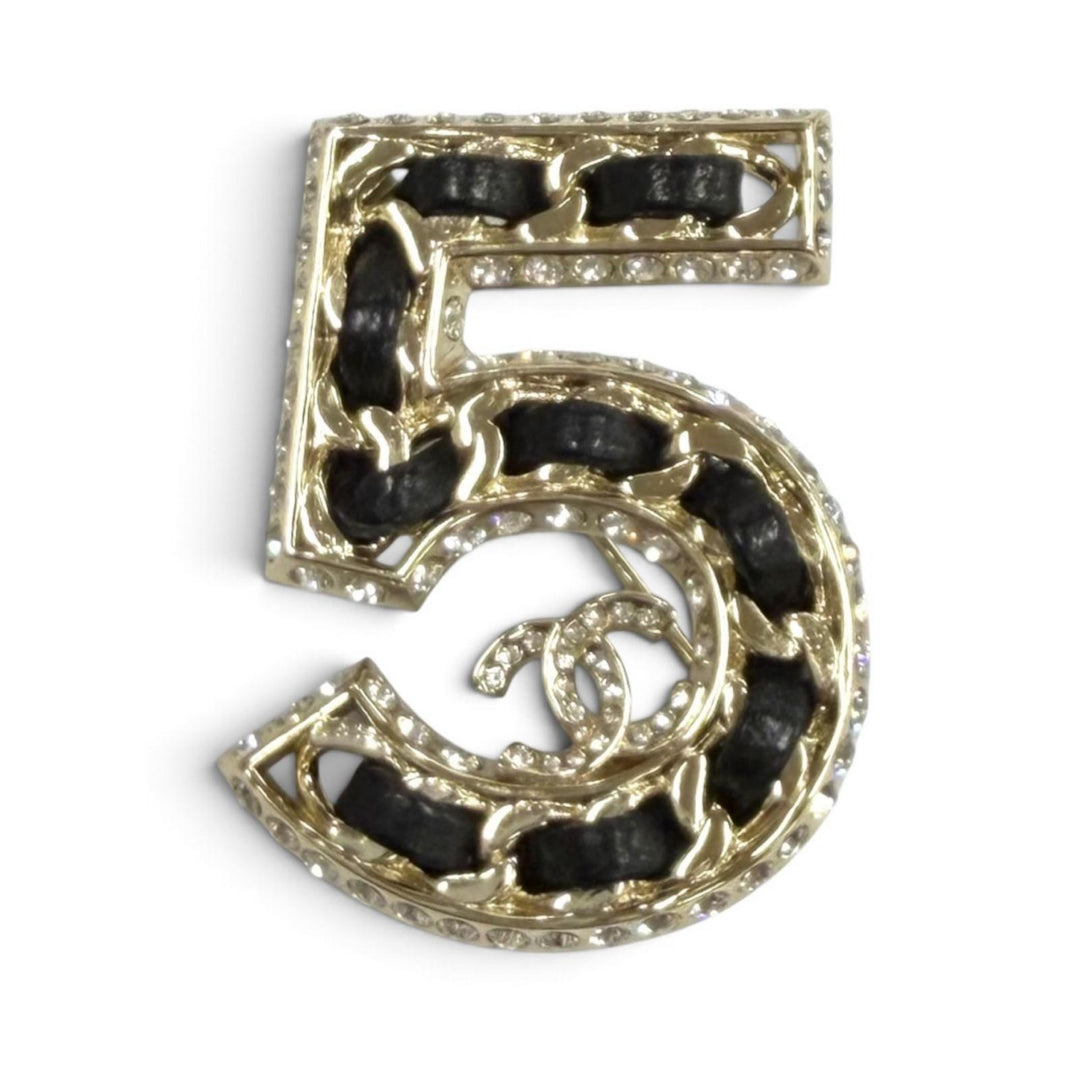 極美品★CHANEL シャネル B23P NO.5 ココマーク ラインストーン チェーンモチーフ クリスタル ブローチ ブラック ゴールド 伊製 箱付き