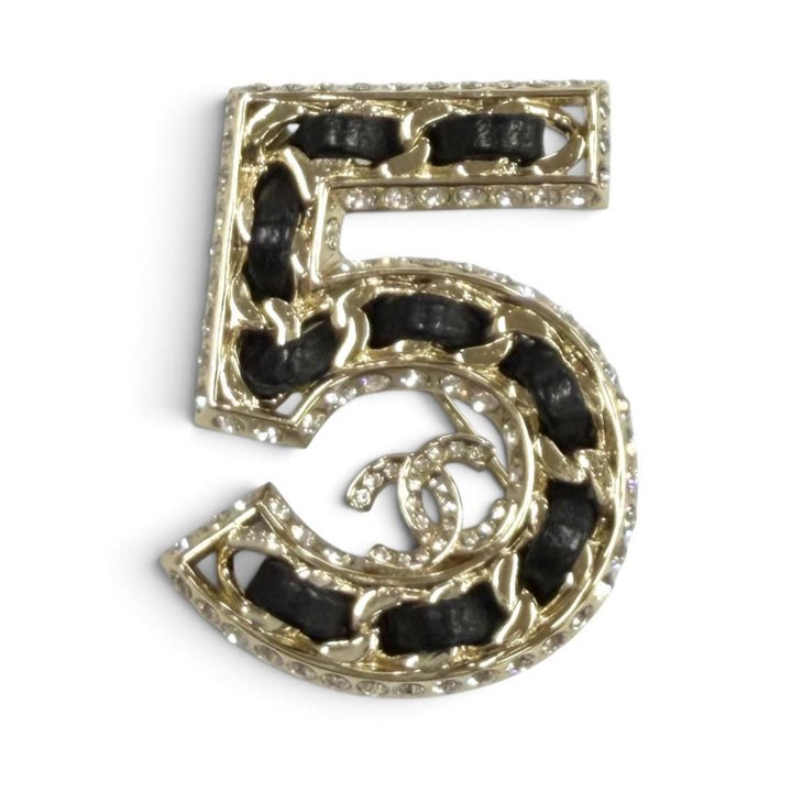 極美品★CHANEL シャネル B23P NO.5 ココマーク ラインストーン チェーンモチーフ クリスタル ブローチ ブラック ゴールド 伊製 箱付き