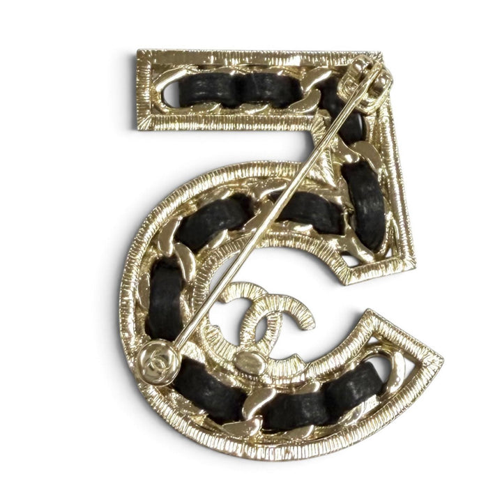 極美品★CHANEL シャネル B23P NO.5 ココマーク ラインストーン チェーンモチーフ クリスタル ブローチ ブラック ゴールド 伊製 箱付き