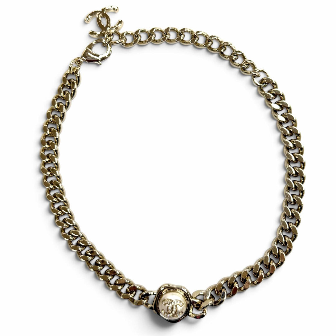 極美品★CHANEL シャネル B22S ラインストーンココマーク エコパール 喜平 チョーカー ネックレス ゴールド ホワイト イタリア製 箱付き
