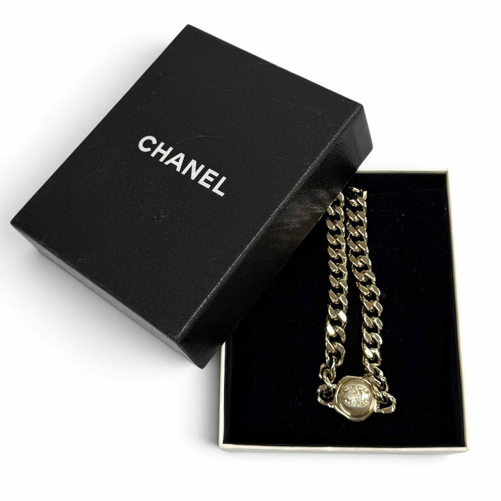 極美品★CHANEL シャネル B22S ラインストーンココマーク エコパール 喜平 チョーカー ネックレス ゴールド ホワイト イタリア製 箱付き