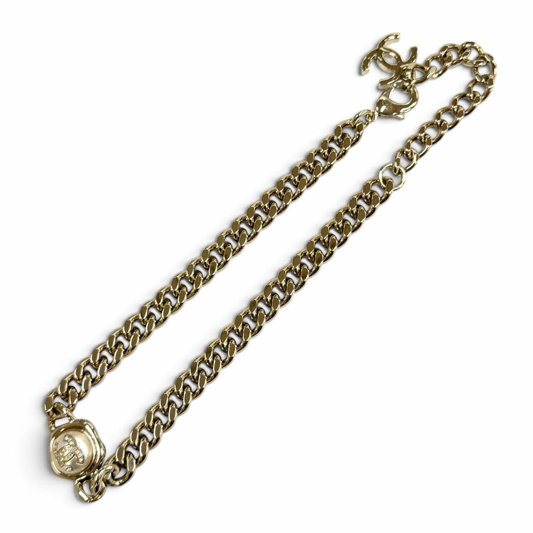 極美品★CHANEL シャネル B22S ラインストーンココマーク エコパール 喜平 チョーカー ネックレス ゴールド ホワイト イタリア製 箱付き