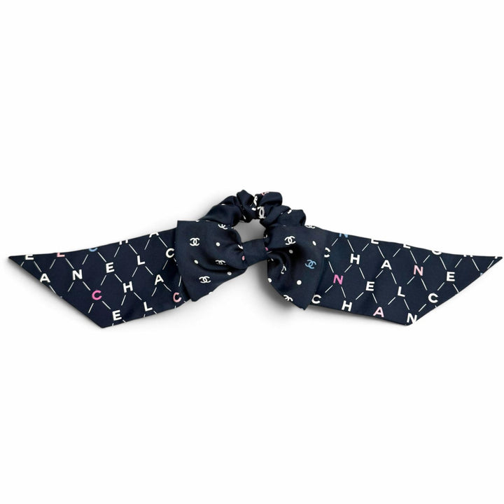 美品★CHANEL シャネル シルク100％ ココマーク ロゴデザイン リボン シュシュ ヘアアクセサリー ネイビー イタリア製 レディース 箱付き