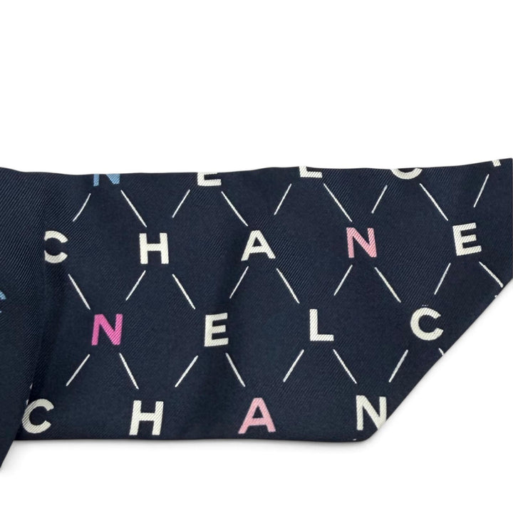 美品★CHANEL シャネル シルク100％ ココマーク ロゴデザイン リボン シュシュ ヘアアクセサリー ネイビー イタリア製 レディース 箱付き