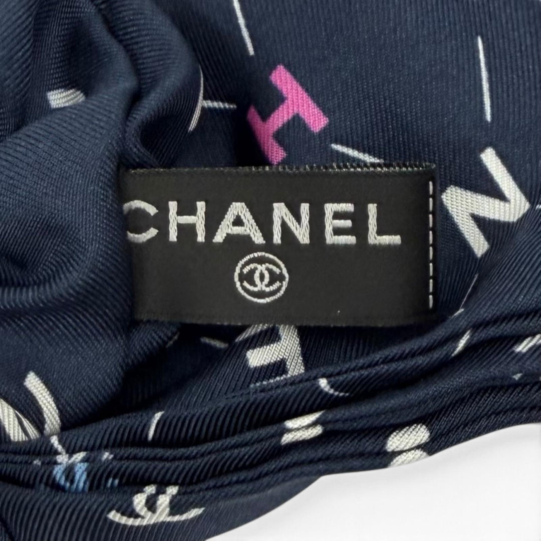 美品★CHANEL シャネル シルク100％ ココマーク ロゴデザイン リボン シュシュ ヘアアクセサリー ネイビー イタリア製 レディース 箱付き