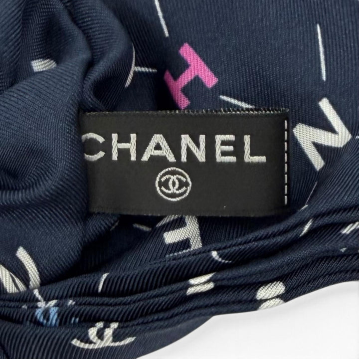 美品★CHANEL シャネル シルク100％ ココマーク ロゴデザイン リボン シュシュ ヘアアクセサリー ネイビー イタリア製 レディース 箱付き