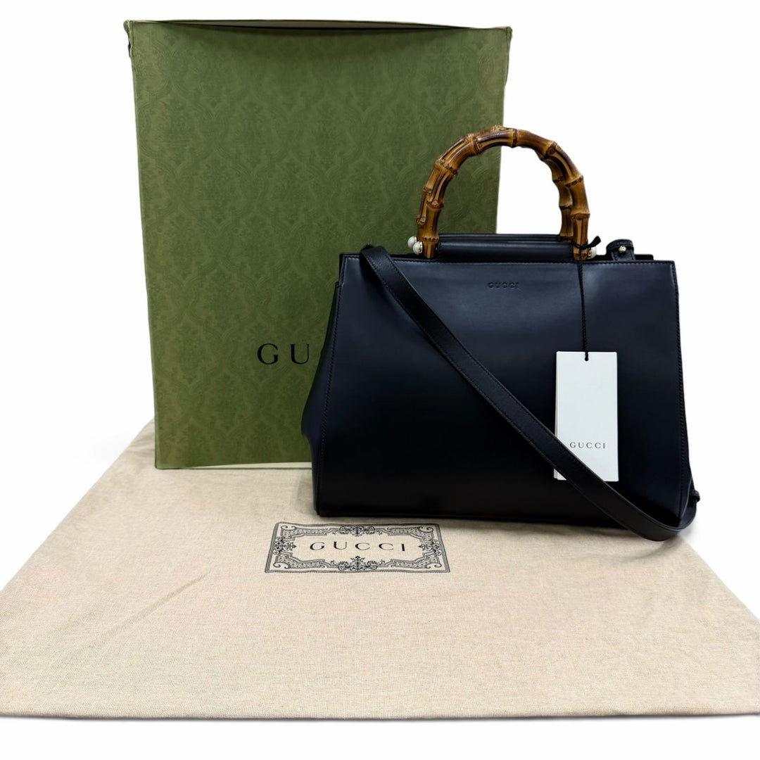 極美品☆GUCCI グッチ 45376 ニムフェア ミディアム バンブー エコパール 2way レザー ショルダーバッグ ハンドバッグ ブラック 保存袋付