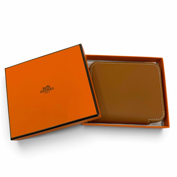 極美品☆HERMES エルメス アザップ コンパクト シルクイン ヴォーエプソン ゴールド シルバー金具 コインケース U刻印 フランス製 箱付き
