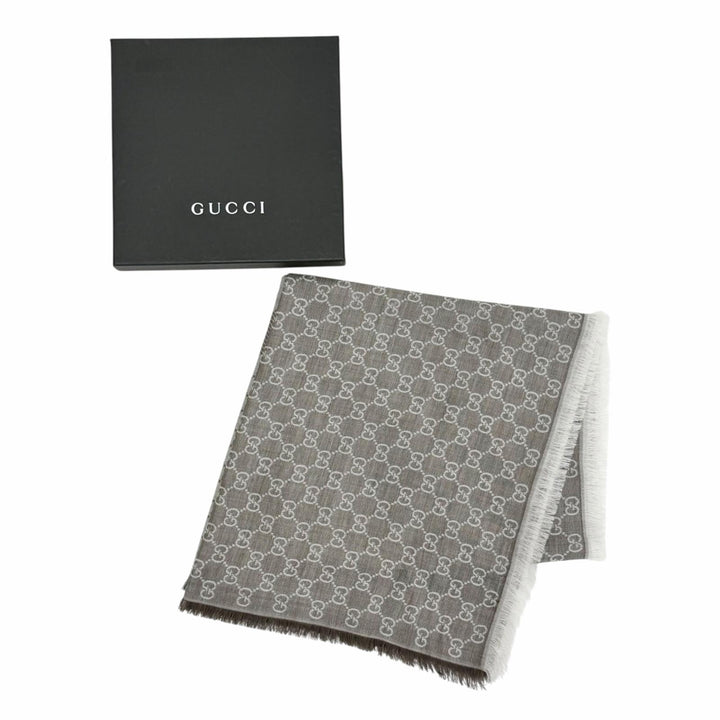 未使用品△GUCCI グッチ 281942 ウール シルク GG柄 フリンジ 大判 ショール ストール ブラウン系 140×140cm イタリア製 正規品 箱付き