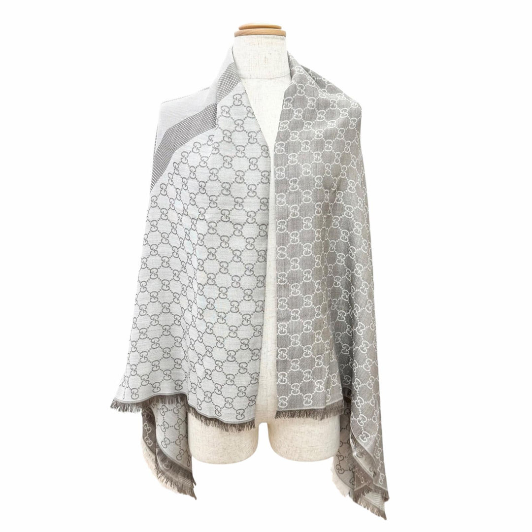 未使用品△GUCCI グッチ 281942 ウール シルク GG柄 フリンジ 大判 ショール ストール ブラウン系 140×140cm イタリア製 正規品 箱付き
