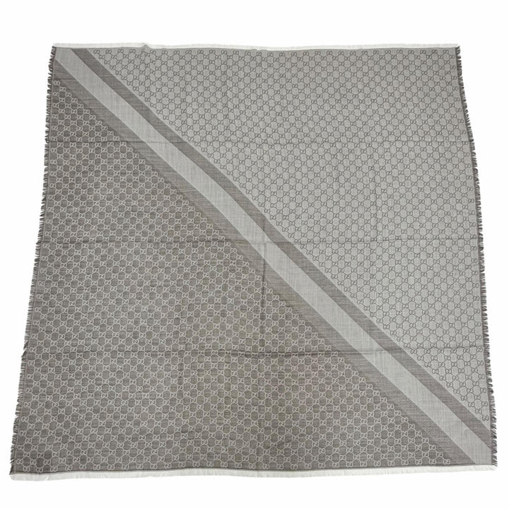 未使用品△GUCCI グッチ 281942 ウール シルク GG柄 フリンジ 大判 ショール ストール ブラウン系 140×140cm イタリア製 正規品 箱付き